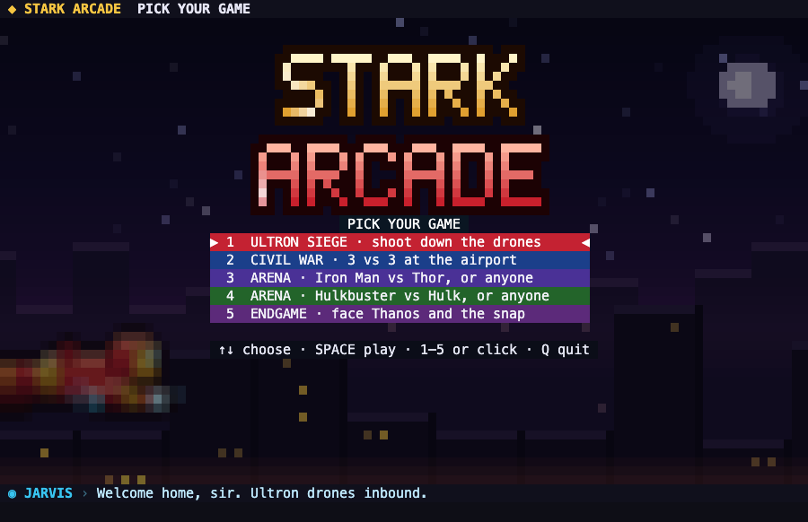 The Stark Arcade title screen with five games